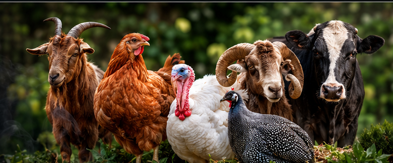 Goat, chicken, turkey, ram, cow and guinea fowl together on a farm